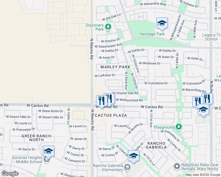 map of restaurants, bars, coffee shops, grocery stores, and more near 15366 West Charter Oak Road in Surprise