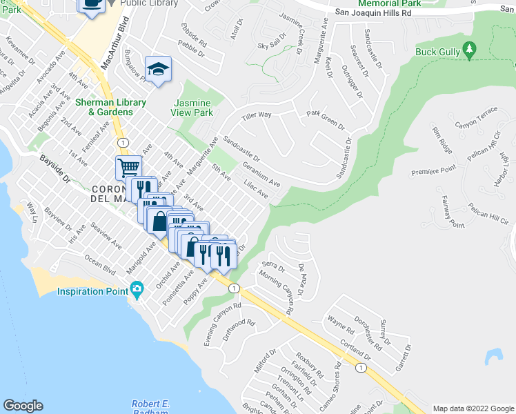 map of restaurants, bars, coffee shops, grocery stores, and more near 3731 5th Avenue in Newport Beach