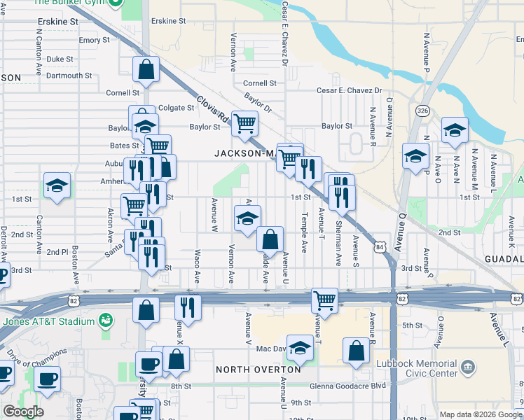 map of restaurants, bars, coffee shops, grocery stores, and more near 114 Uvalde Avenue in Lubbock