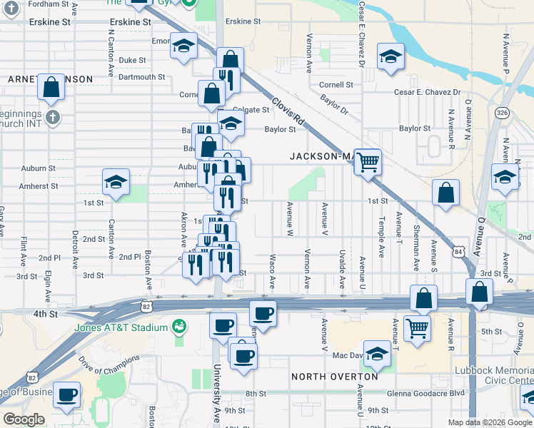 map of restaurants, bars, coffee shops, grocery stores, and more near 102 Waco Avenue in Lubbock