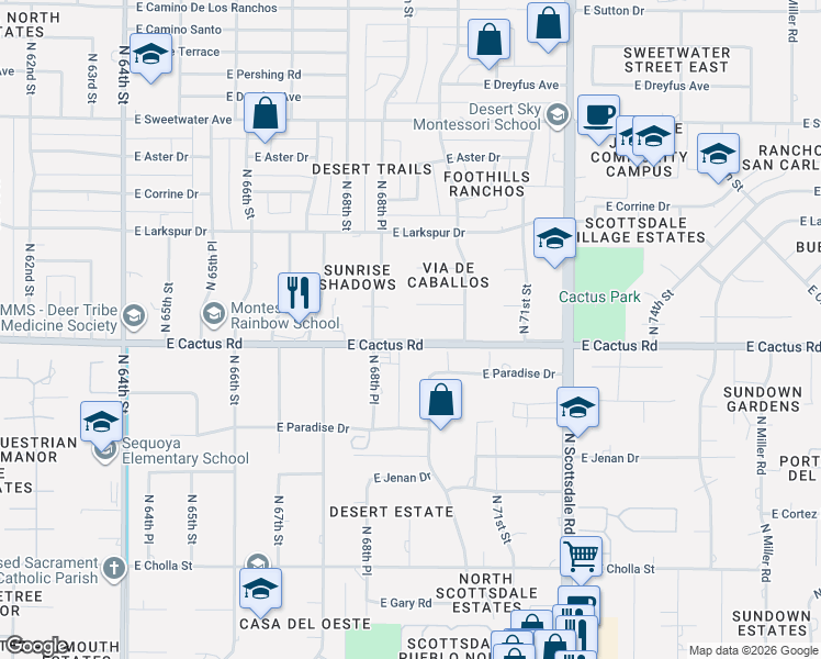 map of restaurants, bars, coffee shops, grocery stores, and more near 6922 East Cactus Road in Scottsdale