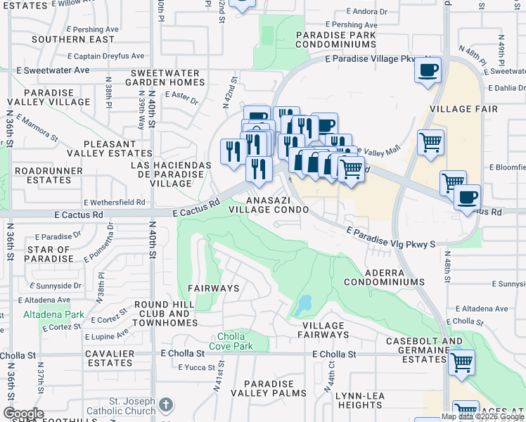 map of restaurants, bars, coffee shops, grocery stores, and more near 12212 North Paradise Village Parkway West in Phoenix