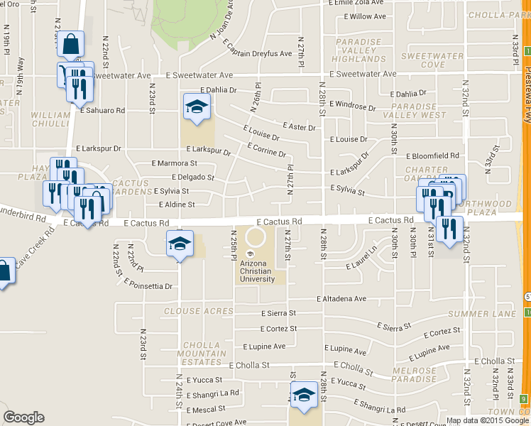 map of restaurants, bars, coffee shops, grocery stores, and more near 2636 East Cactus Road in Phoenix