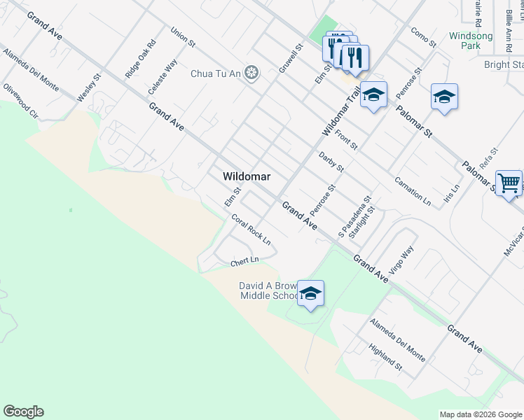 map of restaurants, bars, coffee shops, grocery stores, and more near 33101 Wildomar Trail in Wildomar
