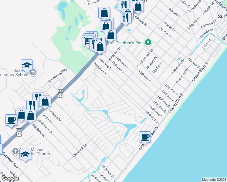 map of restaurants, bars, coffee shops, grocery stores, and more near 389 Meadowlark in Myrtle Beach