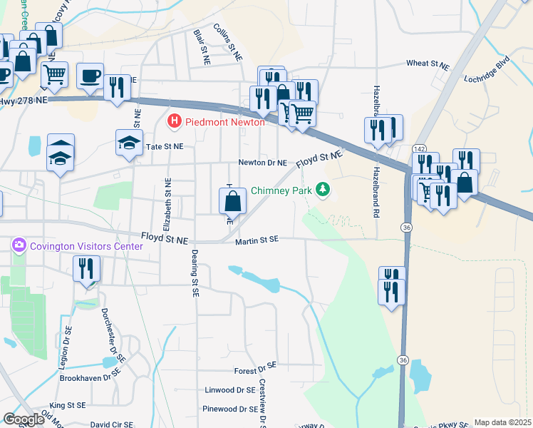 map of restaurants, bars, coffee shops, grocery stores, and more near 6104 Floyd Street Northeast in Covington