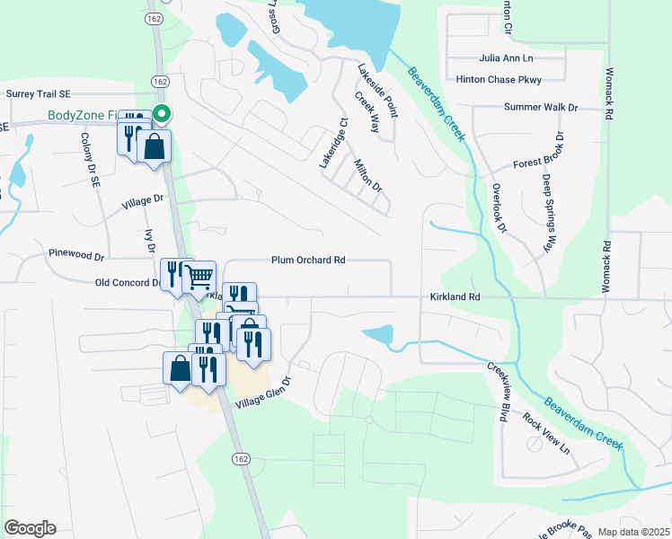 map of restaurants, bars, coffee shops, grocery stores, and more near 85 Plum Orchard Road in Covington
