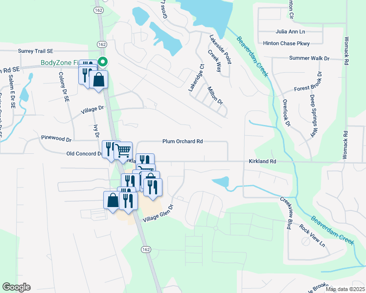 map of restaurants, bars, coffee shops, grocery stores, and more near 115 Plum Orchard Road in Covington
