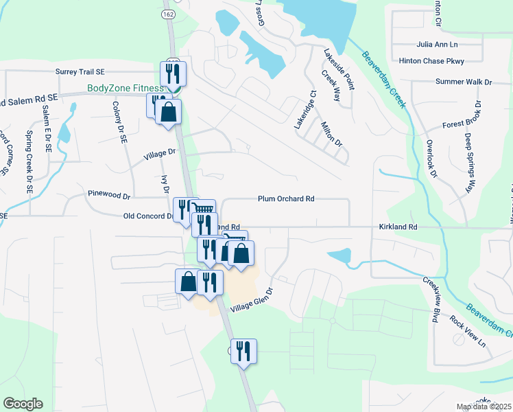 map of restaurants, bars, coffee shops, grocery stores, and more near 145 Plum Orchard Road in Covington