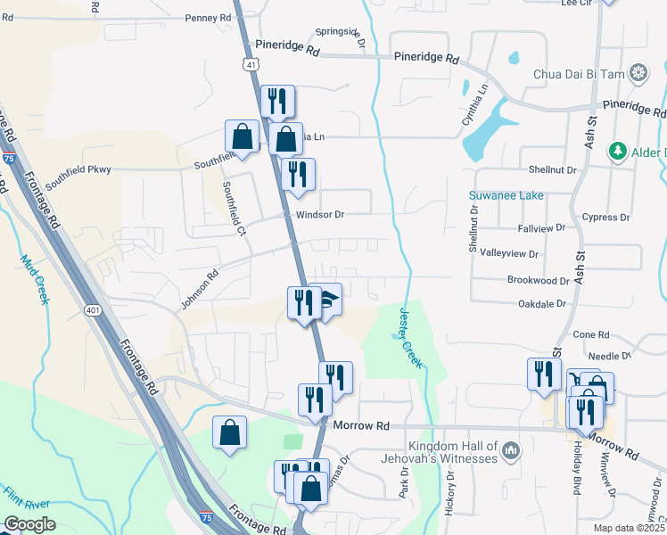 map of restaurants, bars, coffee shops, grocery stores, and more near 392 Sylvia Drive in Forest Park