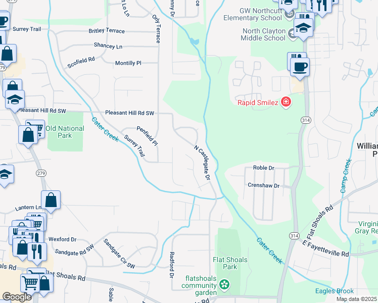 map of restaurants, bars, coffee shops, grocery stores, and more near 5812 Sheldon Court in Atlanta