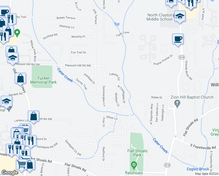 map of restaurants, bars, coffee shops, grocery stores, and more near 5802 Summerglen Lane in Atlanta
