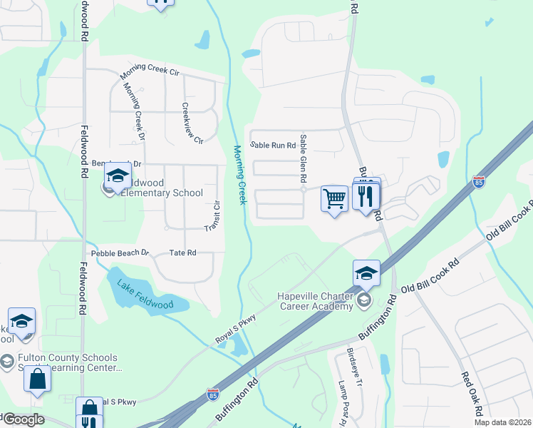 map of restaurants, bars, coffee shops, grocery stores, and more near 3531 Sable Glen Lane in Atlanta
