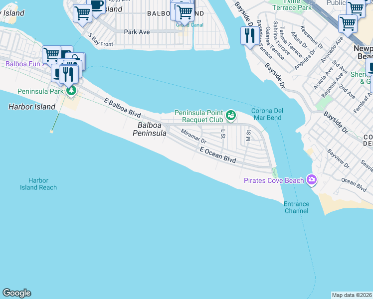 map of restaurants, bars, coffee shops, grocery stores, and more near 1560 East Oceanfront in Newport Beach