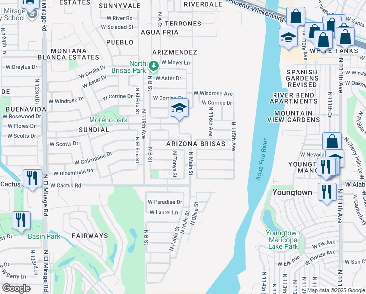 map of restaurants, bars, coffee shops, grocery stores, and more near 11770 West Columbine Drive in El Mirage