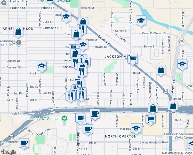 map of restaurants, bars, coffee shops, grocery stores, and more near 102 Waco Avenue in Lubbock
