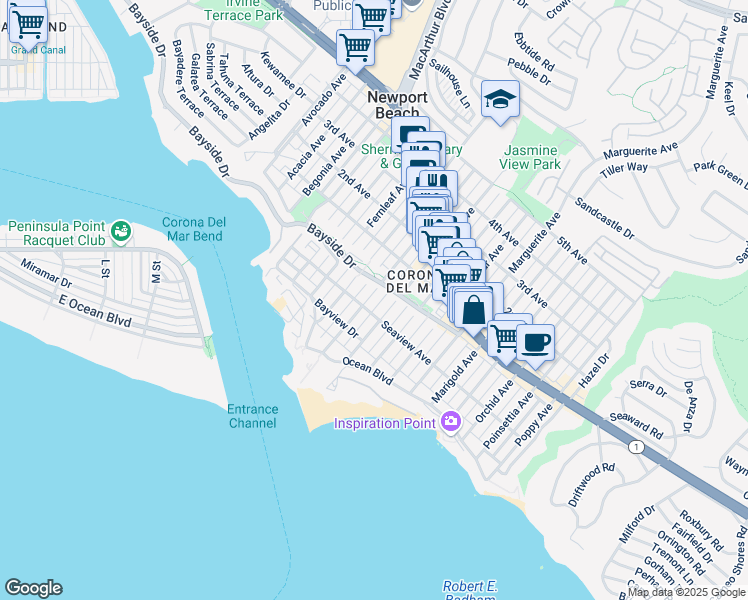 map of restaurants, bars, coffee shops, grocery stores, and more near 310 Heliotrope Avenue in Newport Beach