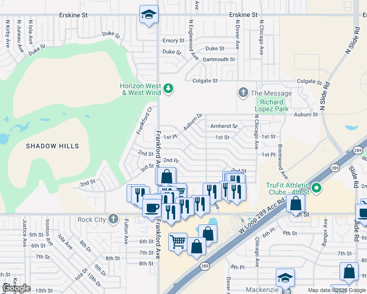 map of restaurants, bars, coffee shops, grocery stores, and more near 5711 1st Pl in Lubbock