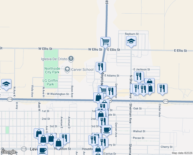 map of restaurants, bars, coffee shops, grocery stores, and more near 200-204 West Monroe Street in Levelland