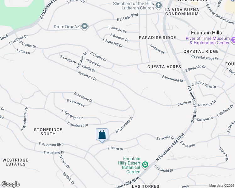 map of restaurants, bars, coffee shops, grocery stores, and more near 15911 Sycamore Drive in Fountain Hills