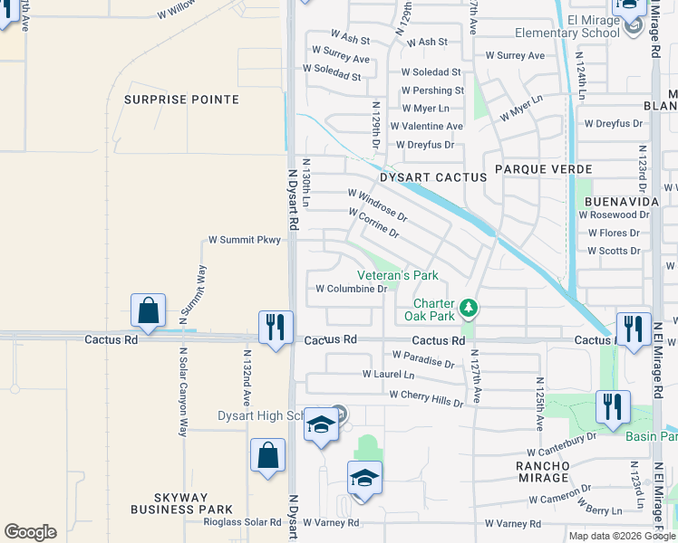 map of restaurants, bars, coffee shops, grocery stores, and more near 12942 West Columbine Court in El Mirage