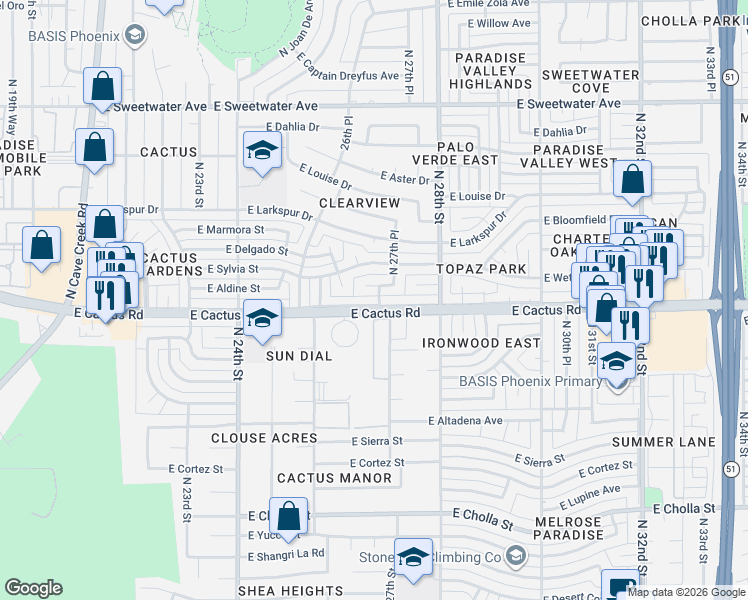map of restaurants, bars, coffee shops, grocery stores, and more near 2650 East Cactus Road in Phoenix