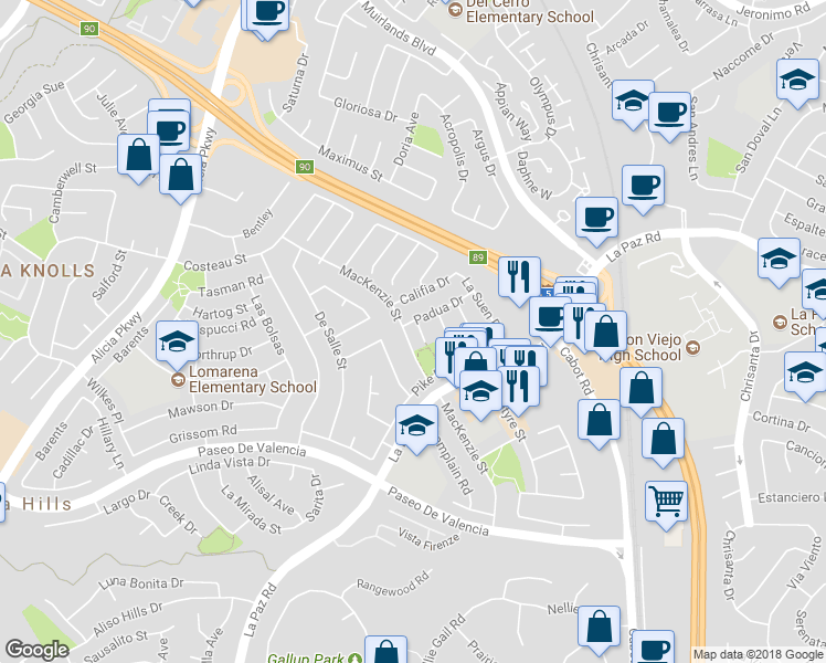 map of restaurants, bars, coffee shops, grocery stores, and more near 25141 Madeira in Laguna Hills