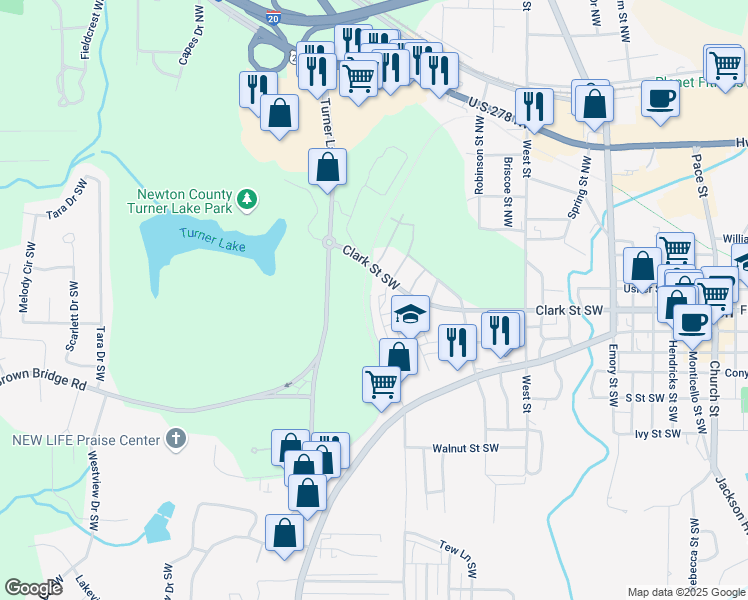 map of restaurants, bars, coffee shops, grocery stores, and more near 5134 Pratt Street Southwest in Covington