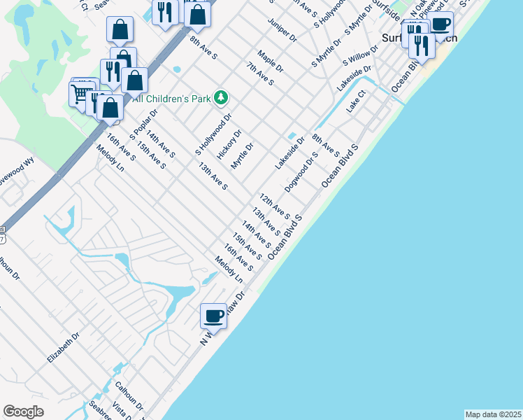 map of restaurants, bars, coffee shops, grocery stores, and more near 214 13th Avenue South in Surfside Beach