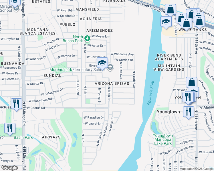 map of restaurants, bars, coffee shops, grocery stores, and more near 11770 West Columbine Drive in El Mirage