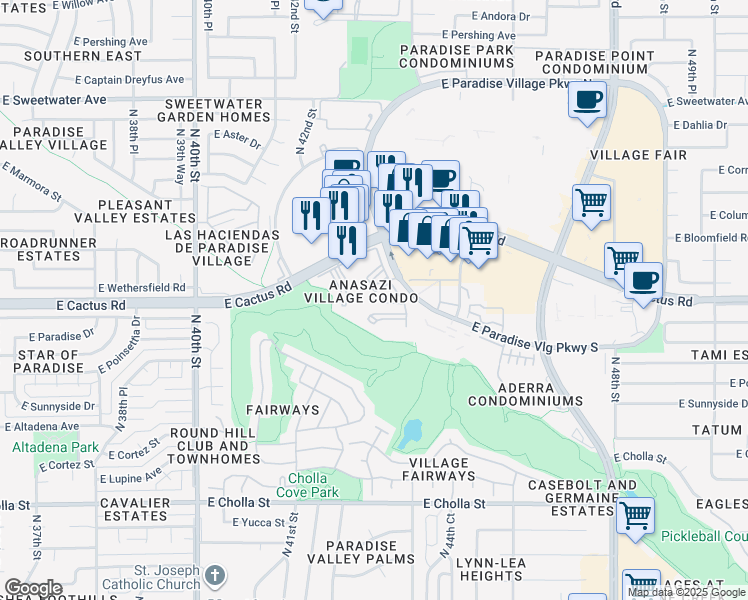 map of restaurants, bars, coffee shops, grocery stores, and more near 12222 North Paradise Village Parkway West in Phoenix