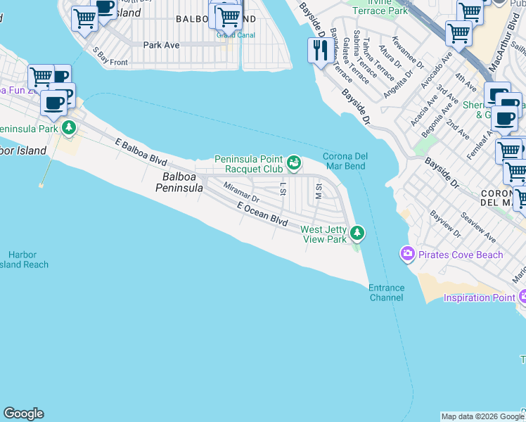 map of restaurants, bars, coffee shops, grocery stores, and more near 1730 East Ocean Boulevard in Newport Beach