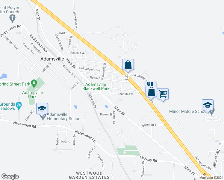 map of restaurants, bars, coffee shops, grocery stores, and more near 101 Sycamore Street in Adamsville
