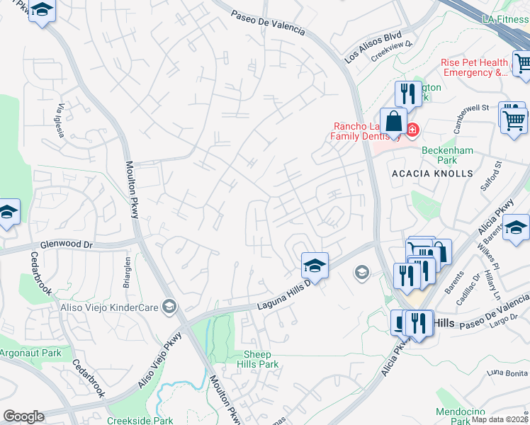 map of restaurants, bars, coffee shops, grocery stores, and more near 872 Avenida Sevilla in Laguna Woods