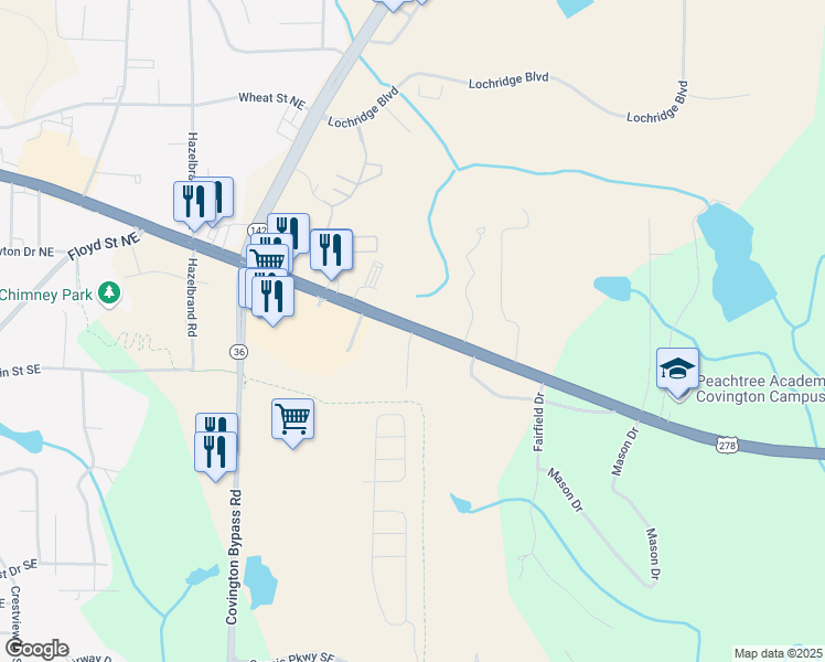 map of restaurants, bars, coffee shops, grocery stores, and more near 10100 Henderson Drive in Covington