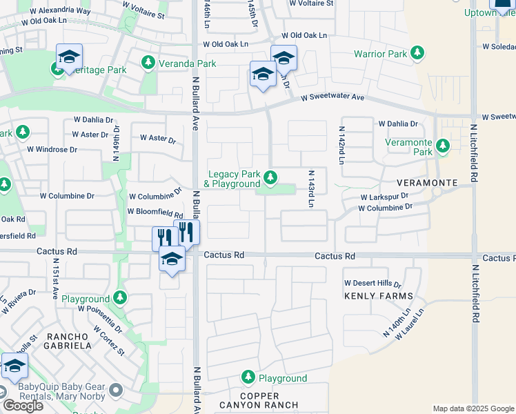 map of restaurants, bars, coffee shops, grocery stores, and more near 14518 West Bloomfield Road in Surprise