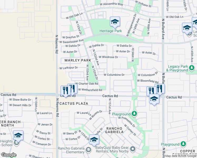 map of restaurants, bars, coffee shops, grocery stores, and more near 15244 West Bloomfield Road in Surprise