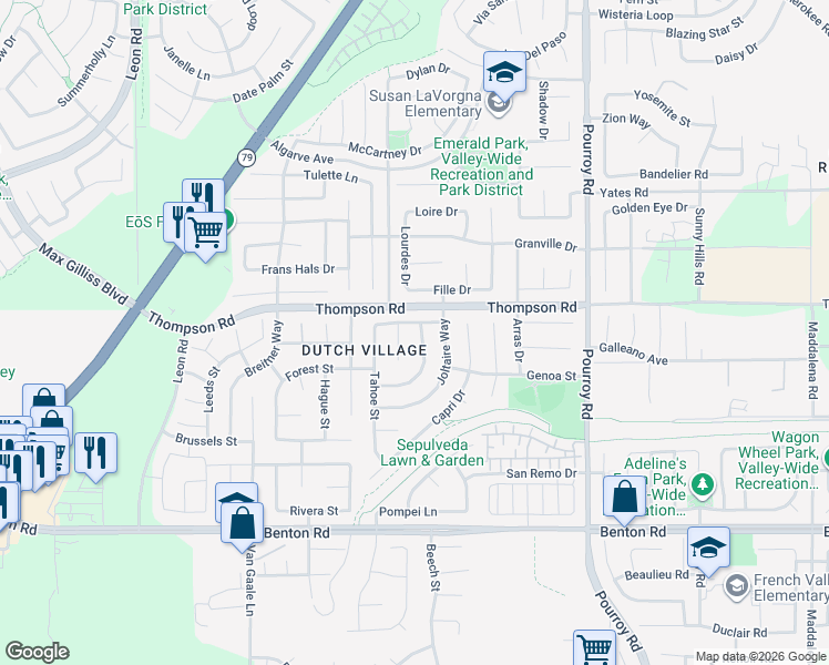 map of restaurants, bars, coffee shops, grocery stores, and more near 31762 Poppy Street in Winchester