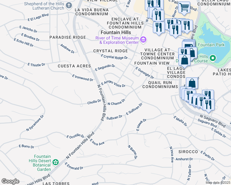 map of restaurants, bars, coffee shops, grocery stores, and more near 12207 North Desert Sage Drive in Fountain Hills