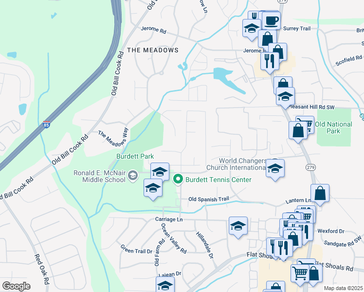 map of restaurants, bars, coffee shops, grocery stores, and more near 5800 Old Carriage Drive in College Park