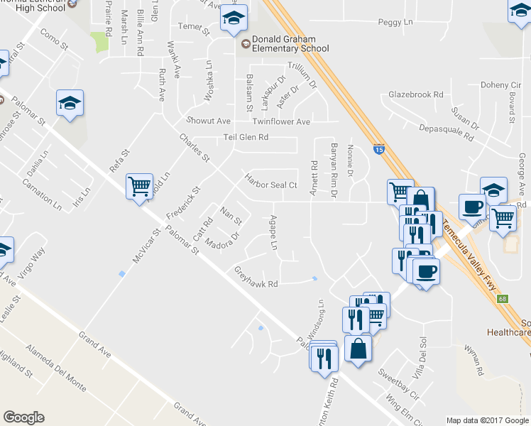 map of restaurants, bars, coffee shops, grocery stores, and more near 23030 Hailey Court in Wildomar