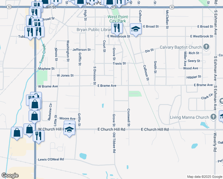 map of restaurants, bars, coffee shops, grocery stores, and more near 801-899 Grove Street in West Point