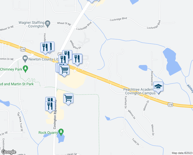 map of restaurants, bars, coffee shops, grocery stores, and more near 10101 Henderson Drive in Covington