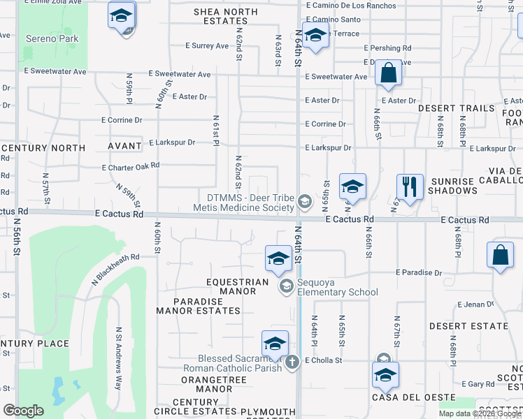map of restaurants, bars, coffee shops, grocery stores, and more near 12201 North 62nd Place in Scottsdale