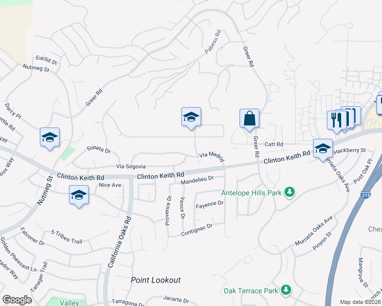 map of restaurants, bars, coffee shops, grocery stores, and more near 23916 Vía Madrid in Murrieta