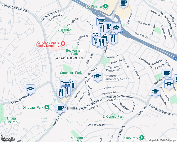 map of restaurants, bars, coffee shops, grocery stores, and more near 25092 Southport St in Laguna Hills