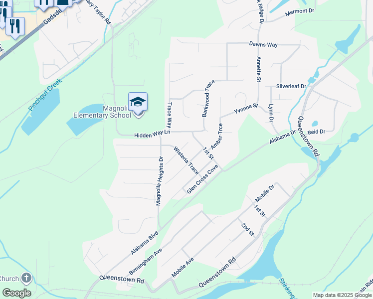 map of restaurants, bars, coffee shops, grocery stores, and more near 121 Glen Cross Circle in Trussville