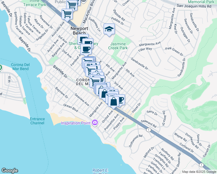 map of restaurants, bars, coffee shops, grocery stores, and more near 424 Marguerite Avenue in Newport Beach