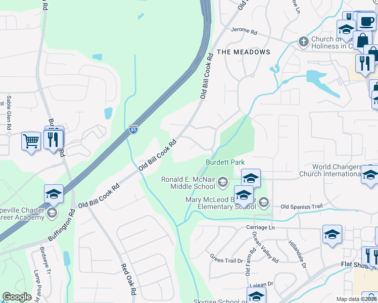 map of restaurants, bars, coffee shops, grocery stores, and more near 5645 Warfield Court Southwest in College Park
