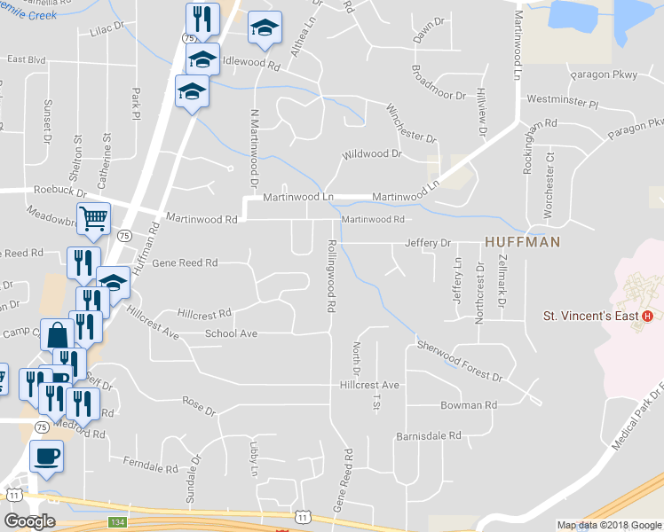 map of restaurants, bars, coffee shops, grocery stores, and more near 552 Rollingwood Road in Birmingham